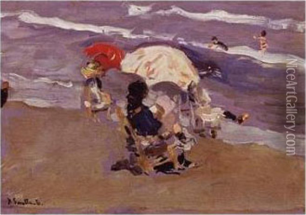 On The Beach Oil Painting - Joaquin Sorolla Y Bastida