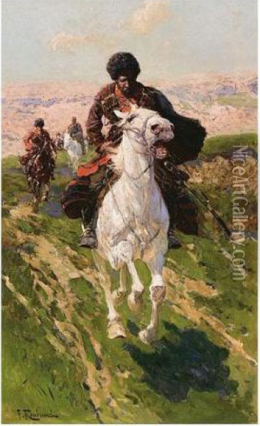 Charging Cossacks Oil Painting - Franz Roubaud