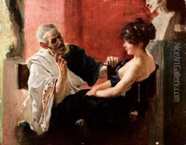 Il Filosofo E La Musa Oil Painting - Emilio Magistretti