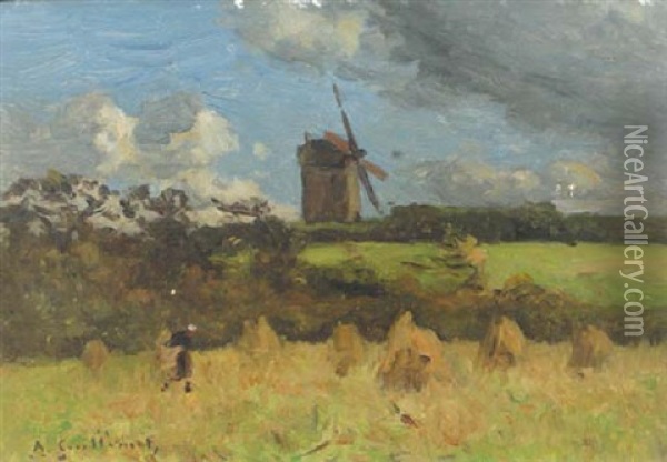 A Peasant Working In The Field, A Windmill Beyond Oil Painting - Jean Baptiste Antoine Guillemet