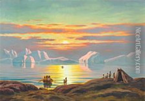 Sunset At Christianshab (quasigiannguit) Oil Painting - Emanuel A. Petersen