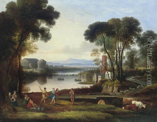 An Italianate Landscape With Classical Figures Dancing Beside A Lake Oil Painting - Jacob Philipp Hackert