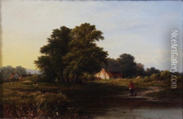 Figure By A Pond Oil Painting - Walter Williams