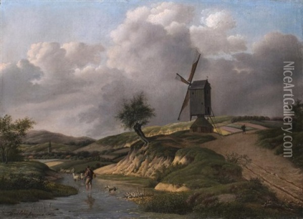 Landschaft Mit Windmuhle Und Einem Hirten Mit Seiner Schafherde Im Bachlauf Oil Painting - Dirk (Thiery) Jan van der Laen