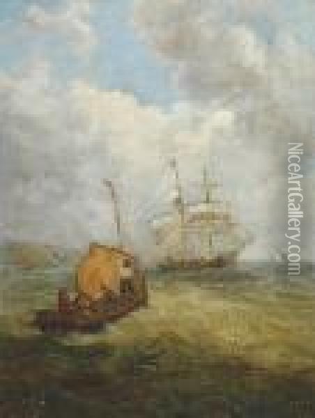 Boats Off The Coast On A Blustery Day Oil Painting - John Moore Of Ipswich