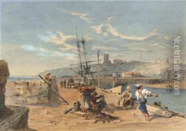 Figures On The Quayside, Folkestone, Kent Oil Painting - William Collingwood Smith