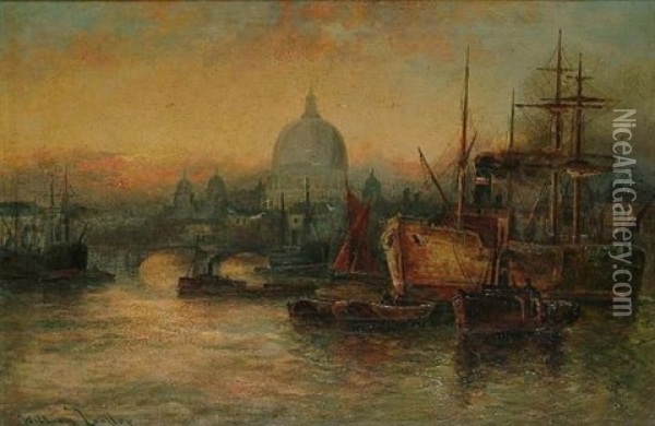A Busy Thames Scene With St. Paul's Beyond (+ Shipping On The Thames; Pair) Oil Painting - William Langley
