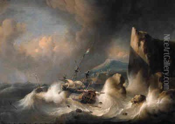 An Amsterdam Merchant Man And A Wijdschip Foundering Off A Rockycoast, In A Gale Oil Painting - Ludolf Backhuysen