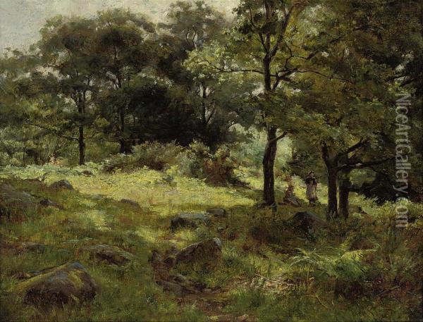 Figures In A Wooded Landscape Near Llanbedr, Conway, Wales Oil Painting - Chisolm Cole