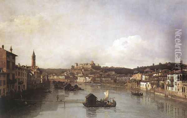 View of Verona and the River Adige from the Ponte Nuovo 1747-48 Oil Painting - Bernardo Bellotto