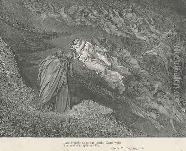 Love brought us to one death: Caina waits (Canto V., line 105) Oil Painting - Gustave Dore