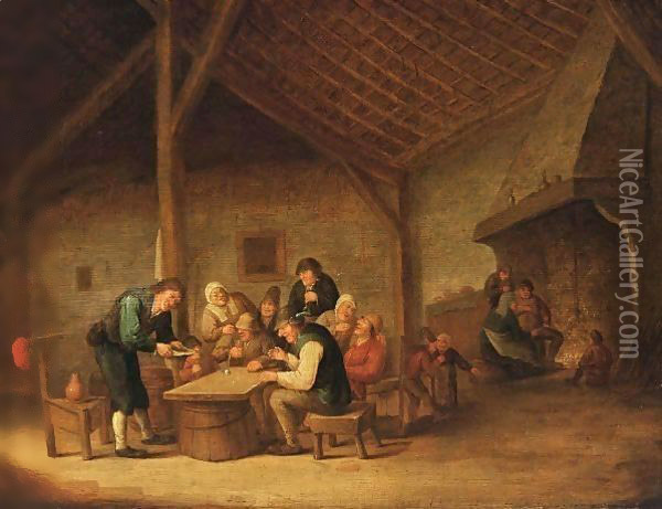An Interior Of An Inn With Peasants Sitting Around A Table Drinking And Playing Dice, And Figures Near A Fireplace In The Background Oil Painting - Bartholomeus Molenaer