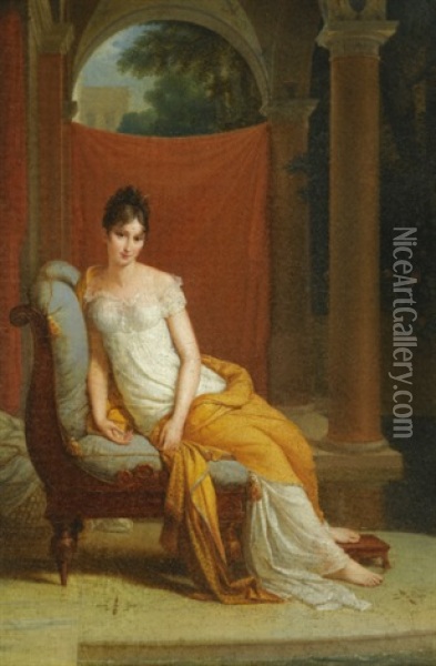 Portrait Of Madame Recamier (1777-1849), Seated In A Classical Interior Oil Painting - Alexandre-Evariste Fragonard