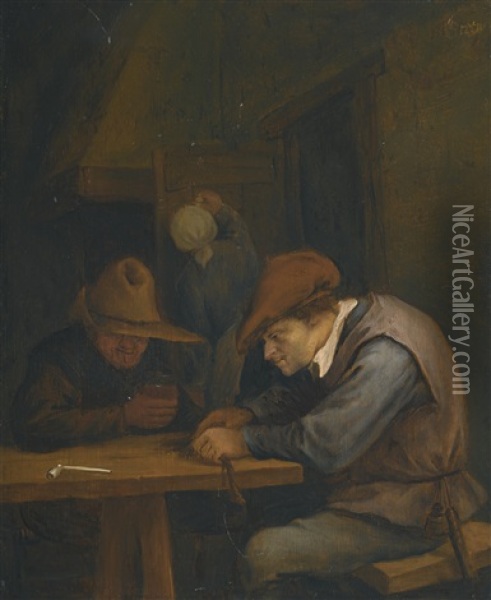 Peasants Drinking And Cutting Tobacco In An Inn Oil Painting - Jan Steen