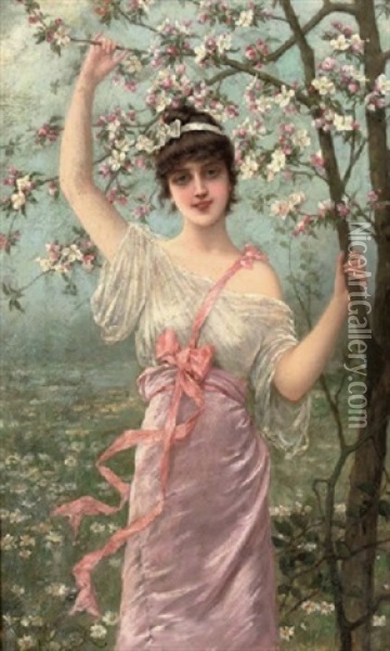 Fruhling - Under A Cherry Blossom Tree Oil Painting - Emile Eisman-Semenowsky