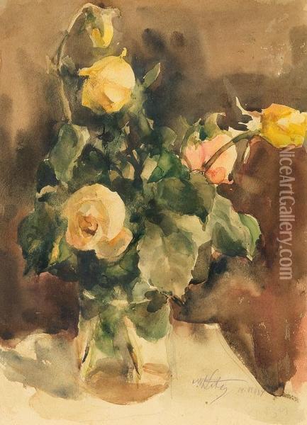 Roses In Vase Oil Painting - Marcin Kitz