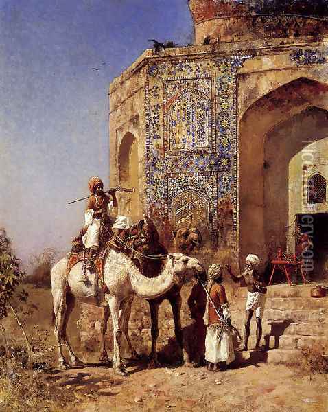 Old Blue Tiled Mosque Outside Of Delhi India Oil Painting - Edwin Lord Weeks