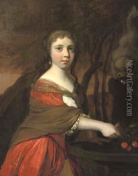 Portrait of a girl, three-quarter-length, in a red dress and brown wrap, cleaning cherries in a fountain Oil Painting - Barent Graat