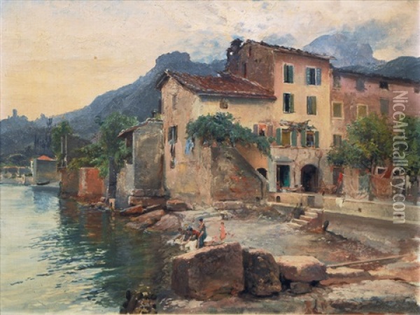 Washwomen At Lake Garda Oil Painting - Edward Theodore Compton