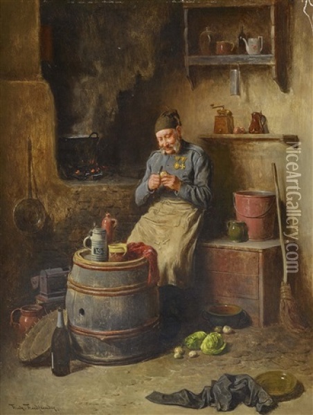 Soldier At Kitchen Work Oil Painting - Friedrich Ritter von Malheim Friedlaender