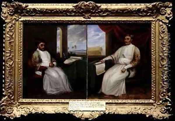 Portraits of the Parsi Master Shipbuilders Jamsetjee Bomanjee 1756-1821 and his son Nourojee Jamsetjee 1774-1860 Bombay Oil Painting - J. Dorman