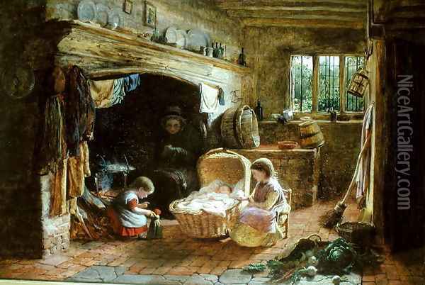 A Cottage Fireside Oil Painting - George Smith