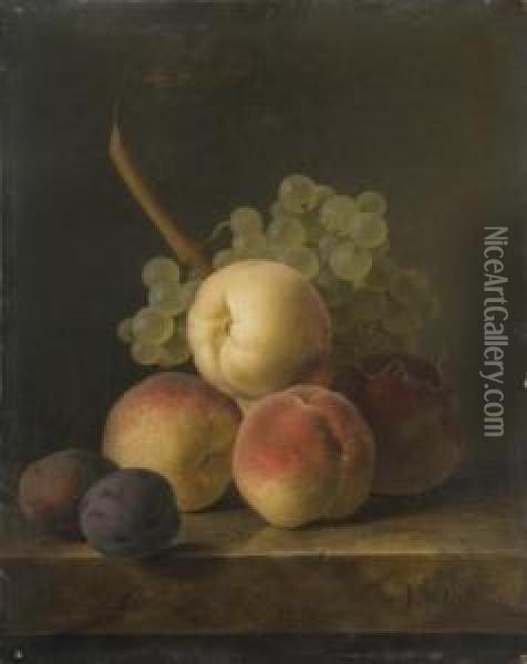 Nature Morte Aux Peches, Prunes Et Grappe De Raisin Blanc Sur Unentablement De Marbre Oil Painting - Jan Frans Van Dael