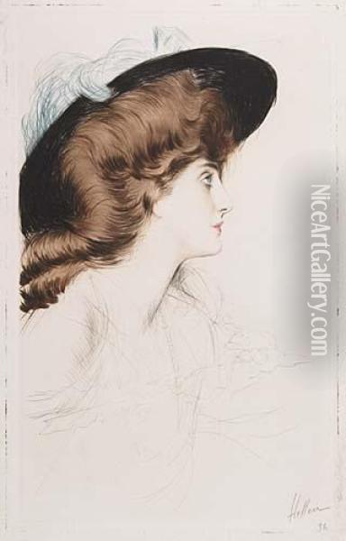 Tete De Femme Au Chapeau Noir Avec Une Plume Bleu, Profil A Droite Oil Painting - Paul Cesar Helleu