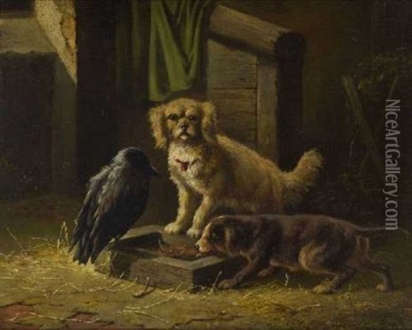 Zwei Hunde Und Dohle Am Futternapf Oil Painting - Carl Oswald Rostosky