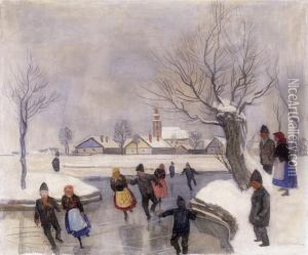 Skaters At He Village End Oil Painting - Tibor Polya