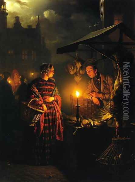 Market Place by Candlelight Oil Painting - Petrus van Schendel