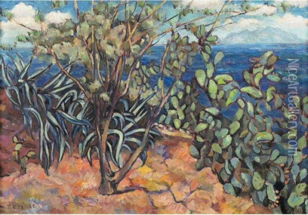 Landscape With Aloe And Cactus, Corsica Oil Painting - Vladimir Baranoff-Rossine