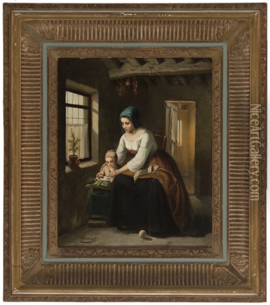 Kvinnoflit Med Knyppling Och Strumpstickning Oil Painting - Theodore Ceriez