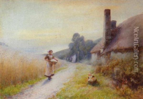 Devon Cliff (#) Outside The Cottage Oil Painting - John White