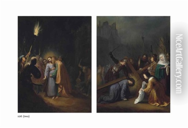 The Betrayal Of Christ; Christ On The Road To Calvary, With Saint Veronica (2 Works) Oil Painting - Dirck Dircksz van Santvoort