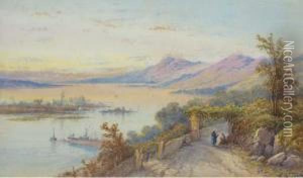 Figures Resting On A Track By A Lake; And A Fisherman In His Boat On A Lake Oil Painting - Edwin St John