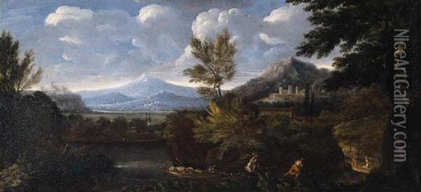 Paesaggio Fluviale Con Un Borgo Classico In Lontananza Oil Painting - Bartolomeo Pedon