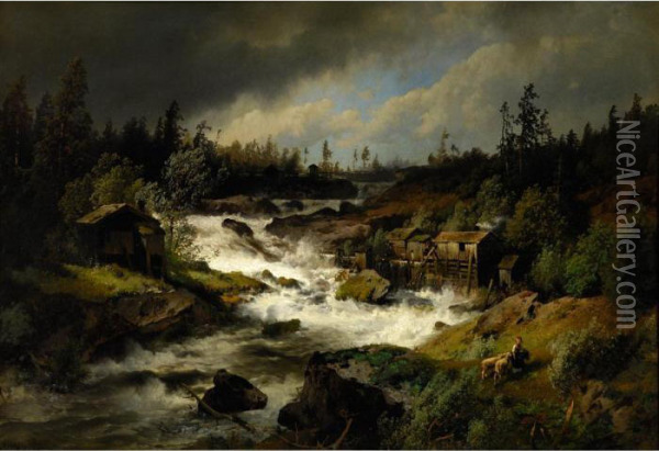 River Mill Oil Painting - Herman Herzog