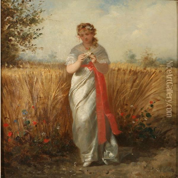 An Adorable Girl Collecting Flowers Oil Painting - Ch. Huen