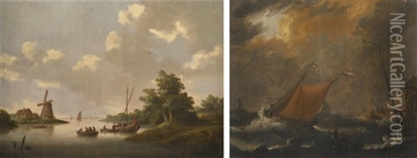 A River Landscape With Figures In Boats, A Windmill Beyond Oil Painting - Jan van Os