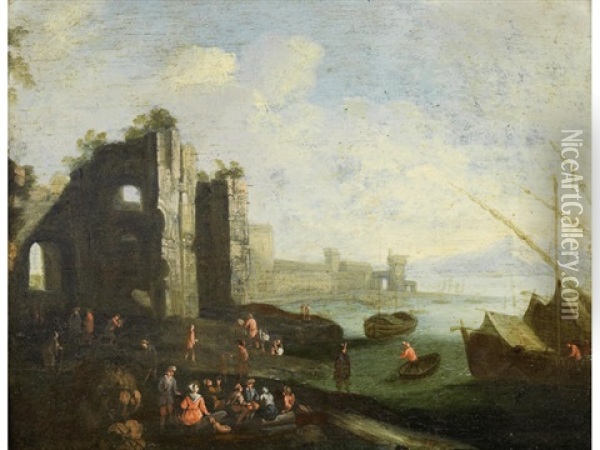 Figures Resting Before A Harbour Oil Painting - Pieter Bout