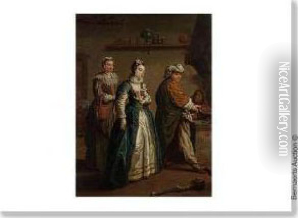 Interieur De Cuisine Avec Dame Noble, Servante Et Deux Figures Pres De La Cheminee. Oil Painting - Jan Josef, the Elder Horemans