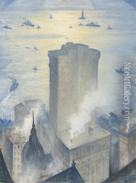 The Statue Of Liberty From The Railroad Club Oil Painting - Christopher Richard Wynne Nevinson