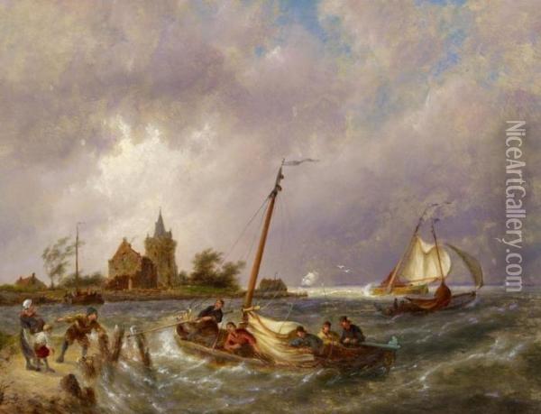 Fishermen Returning Home With A Storm Approaching Oil Painting - Pieter Cornelis Dommershuijzen