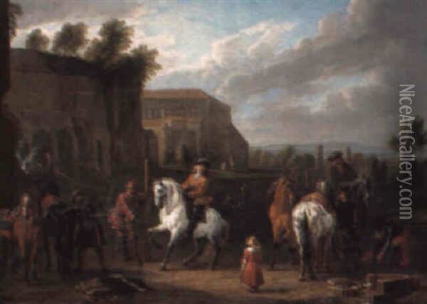 A Riding School By A Classical Ruin Oil Painting - Pieter van Bloemen
