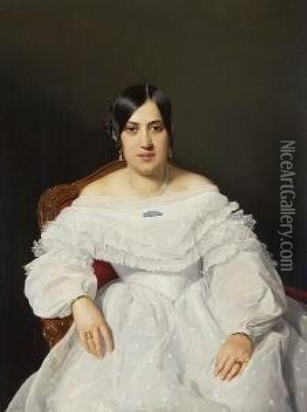 Junge Dame In Weisem,
 Ruschenbesetztem Kleid. Oil Painting - Ferdinand Georg Waldmuller