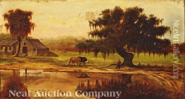 Louisiana Landscape With Cabin, Barn, Cattle And Fisherman Oil Painting - August Norieri