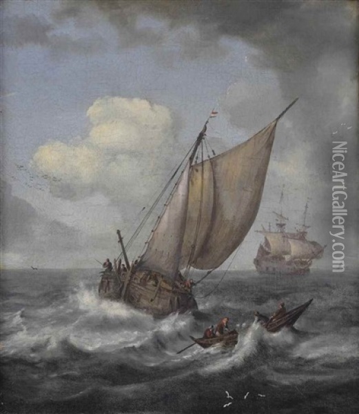 A Fishing Boat, A Rowing Boat And A Dutch Three-master In Choppy Waters Oil Painting - Pieter Mulier the Elder