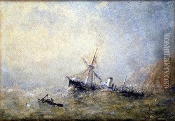 Steam And Sail, In Choppy Seas Off The White Cliffs Oil Painting - Adolphus Knell