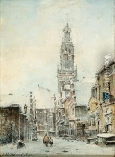 Mother And Child Walking In The Direction Of The Bakenesser Toren In Haarlem Oil Painting - Johannes Hilverdink